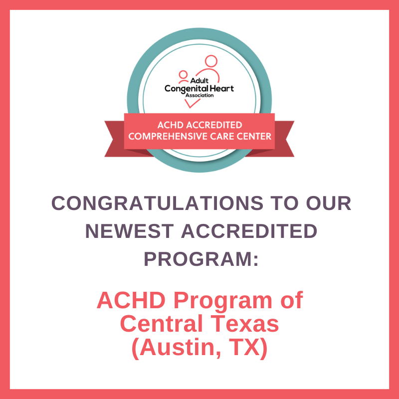 Congratulations to the ACHD Program of Central Texas on becoming #ACHA #ACHD Accredited! There are currently 52 accredited centers in 26 states.

Learn more about our accreditation program at achaheart.org/accreditation. #ACHAApproved #ACHACares #CHDAwareness #CHDCare4Life
