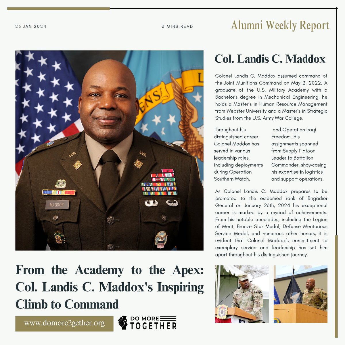 DoMore2gether's tweet photo. Stepping into greatness! On January 26th, Colonel Landis C. Maddox will be promoted to Brigadier General. His journey, marked by the Legion of Merit, Bronze Star, and more, reflects unwavering dedication and leadership. Join us in saluting this remarkable milestone! https://t.co/ydh8ERsN5g