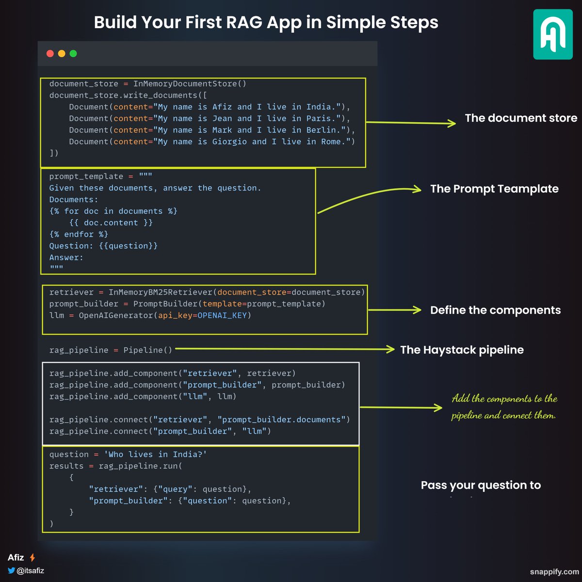 Build Your First RAG App in Simple Steps! 

RAG is the buzz in the LLM world, <a href="/Haystack_AI/">Haystack</a> simplifies the process of building your RAG LLM apps with straightforward steps. 

In this post, we will build one such app with Instore Memory. 

Let's get started 🚀