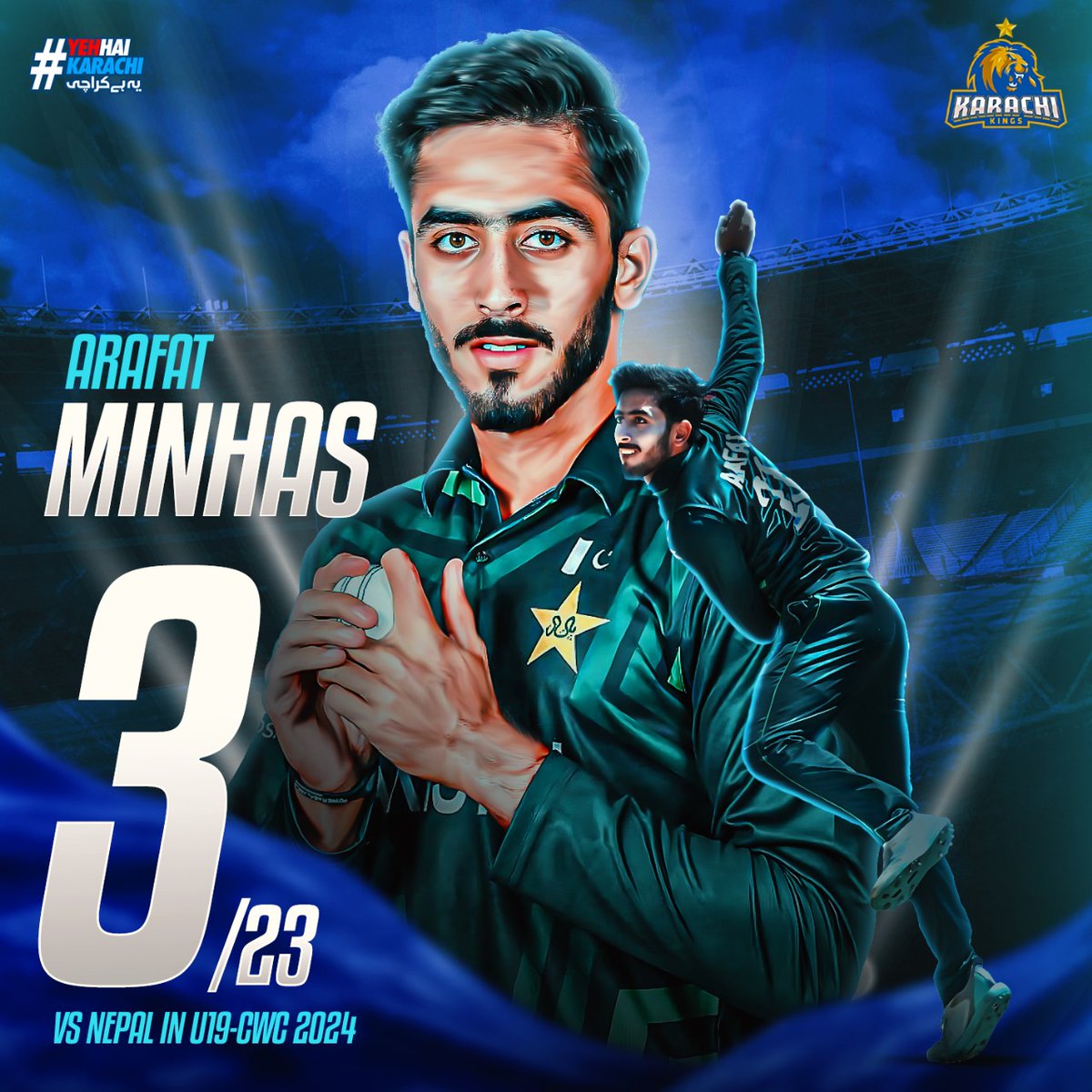 KarachiKingsARY's tweet photo. An extraordinary display of spin bowling by Arafat Minhas in #U19CWC2024 game against Nepal 🌟
Are you excited to see him in Kings' colors? 💙❤️
#YehHaiKarachi | #KingsSquad | #KarachiKings https://t.co/YkenTABxsM