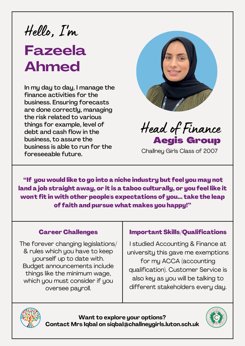 This month our Alumni spotlight is on, Fazeela Ahmed, Head of Finance at @aegis_support . Fazeela pursued a career in finance after leaving @Challney_Girls in 2007. We're so excited for her to join us at our #InfluentialWomen event for our Year 10's at the end of the month.