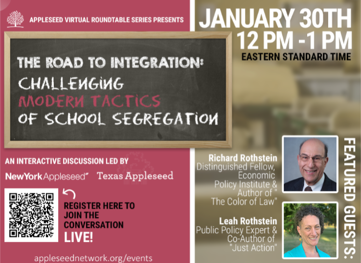 metronyu's tweet photo. Explore the modern tactics & landscape of #schoolsegregation in @AppleseedNetwrk's upcoming Jan. 30th #webinar feat. "Just Action" authors Richard & Leah Rothstein, led by @TexasAppleseed & @AppleseedNy. Register here: https://t.co/vhTbQEuMpo https://t.co/CK84Yu1y4S