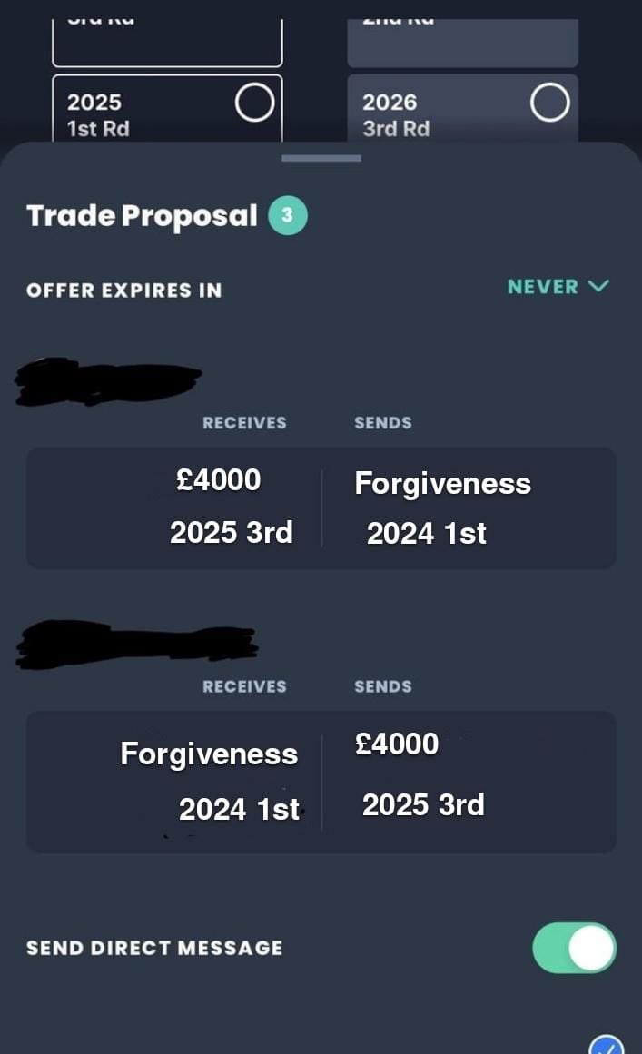 Ahead of tonight big reveal and Fantasy Football UK traitor competition I have just received the below communication via sleeper !! 

I think someone is panicking 😂😂😂

Would you take it ???