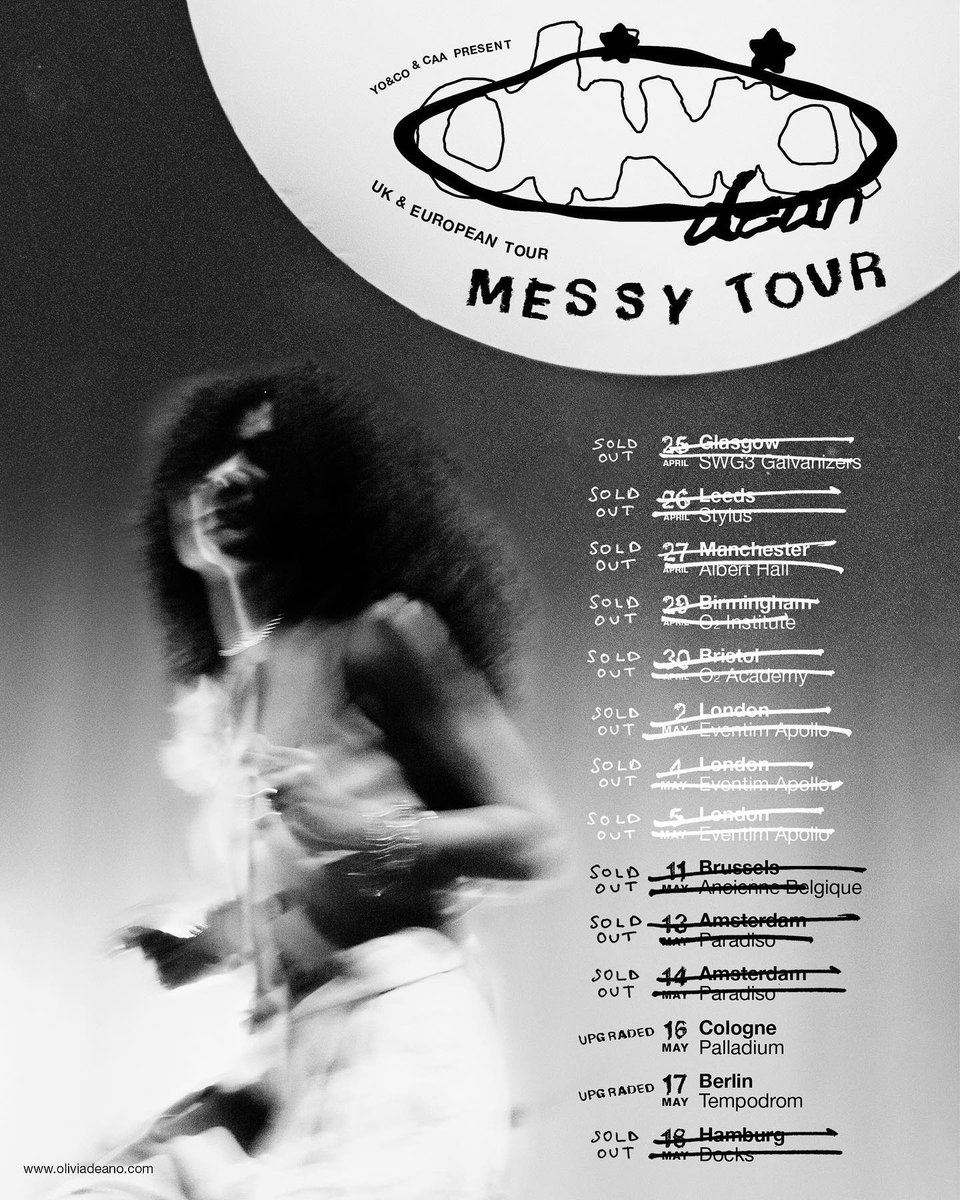 wow wow wow uk tour 2024 is sold out. still can’t believe we’re doing 3 nights at the apollo 🥹 we’ve upgraded two venues in berlin & cologne and tickets are available on oliviadeano.com sending love! see you in april/may friends 🙂