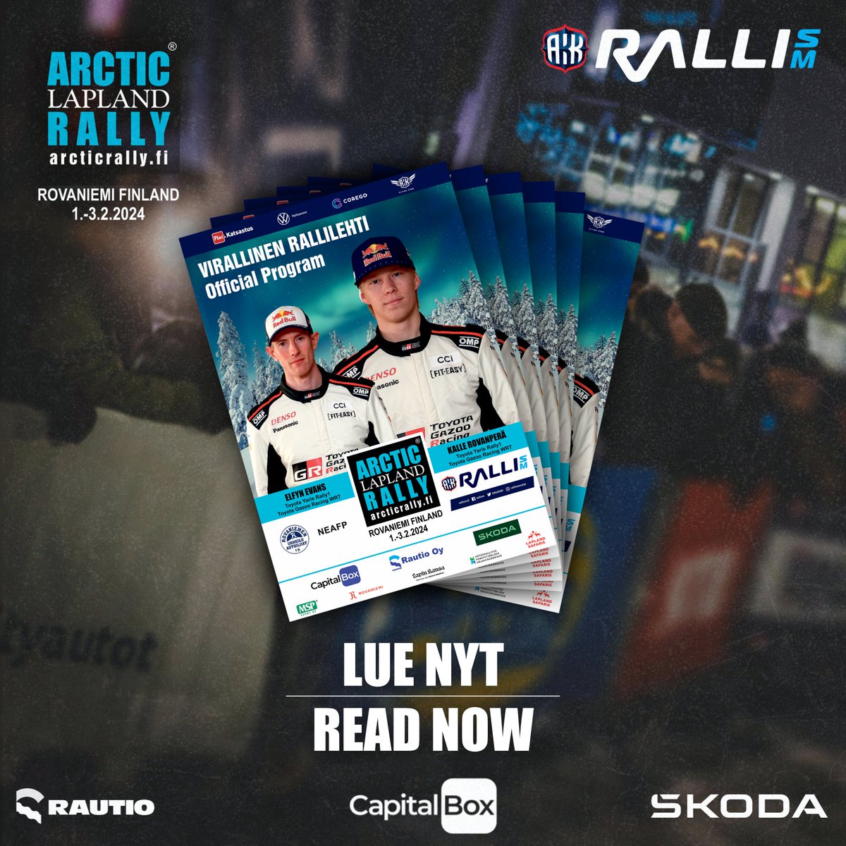 The Official Program is now available! Open the digital version right now or pick up your copy on the rally week from the Scandic Pohjanhovi Rally HQ, ABC Kemijärvi or K-Market Jokitori at Vanttauskoski. Read now at arcticrally.fi/spectators