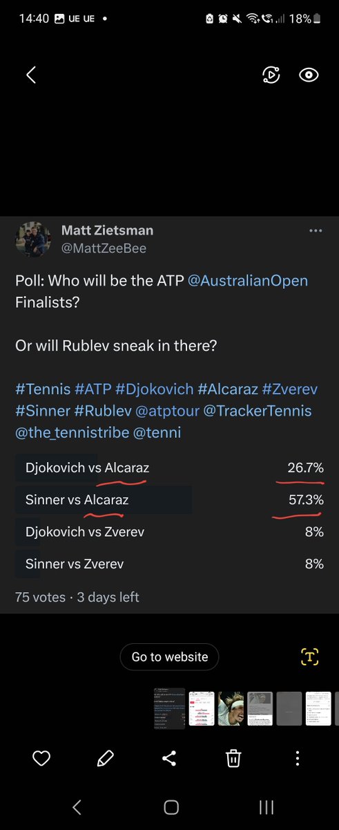 MattZeeBee's tweet photo. Soo, I it appears that 84% of the predictions so far, as to who will be the #AusOpen Finalsists per the Twitter Poll will miss the mark 🙄

Just post #Medvedev in the comments for the poll &amp; I'll update the final results

#auspol #AusOpen2024 #Djokovich #Sinner #Zverev #ATP https://t.co/QIGSRaMoUJ