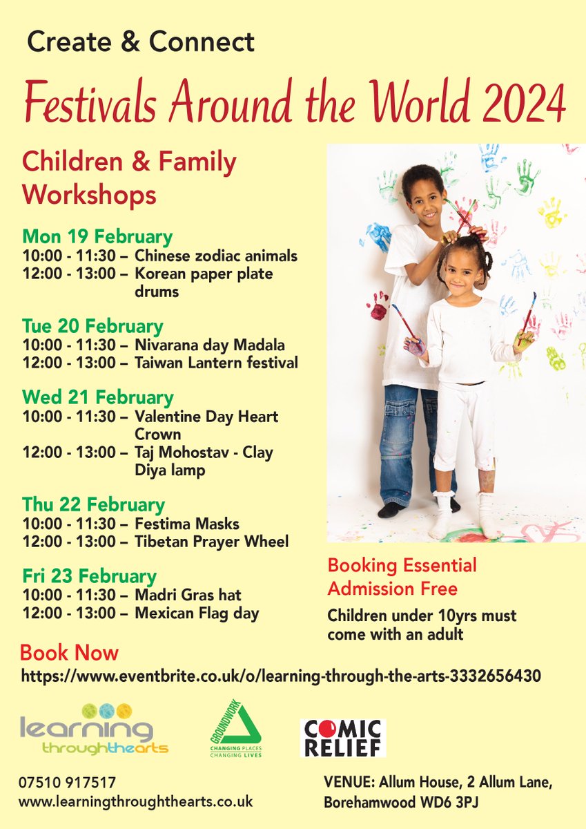 Join us for our FREE children  and family workshops in Borehamwood 🖌️🎨

Our theme is " Festivals around the world" 🎊

Book now

eventbrite.co.uk/o/learning-thr…

#art #fun #halfterm #activity #craft #free #borehamwood #kids #children #activities #activitiesforkids #culture  #learn