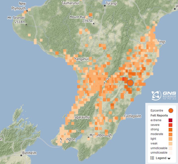 geonet's tweet image. An early shake for the Lower North Island today with a M5.2 earthquake 15km west of Porangahau. The 8km deep quake was felt In the lower North Island and we have received over 4600 felt reports. There have been 5 aftershocks so far, there will likely be more.
#eqnz