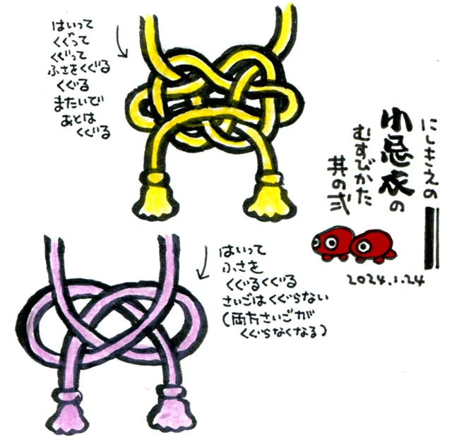 入鹿大臣のデザインノートつくる作業工程でめもした錦絵とかでの小忌衣のひもの結び方その2