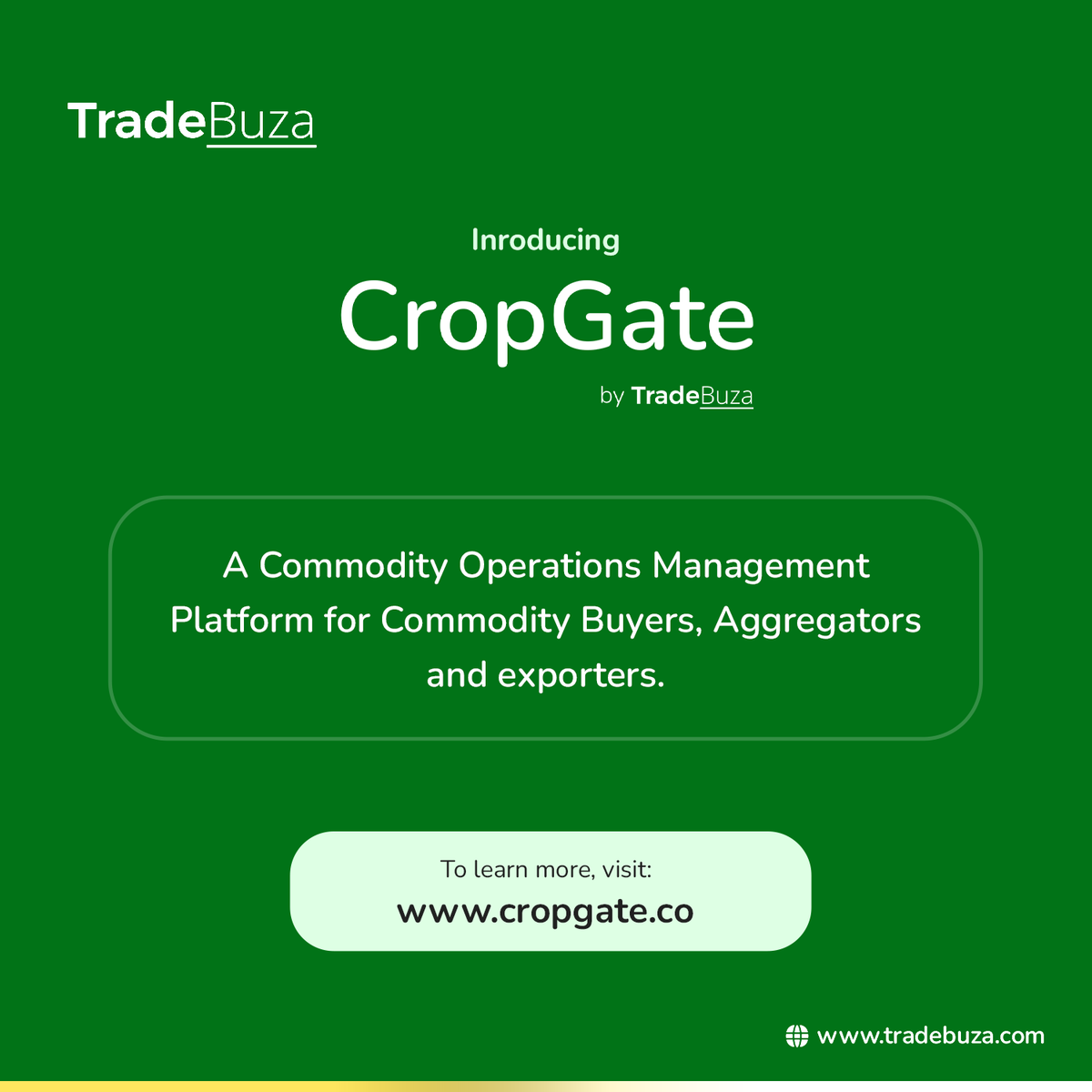 TradeBuza's tweet photo. CropGate is a Commodity Operations Management Platform that can help you streamline all your operations efficiently

With CropGate, you can record, track, and optimize all your aggregation activities and improve your relations with suppliers.

Sign up on https://t.co/LkSiPx8Jf5 https://t.co/0cWtYzyoAj