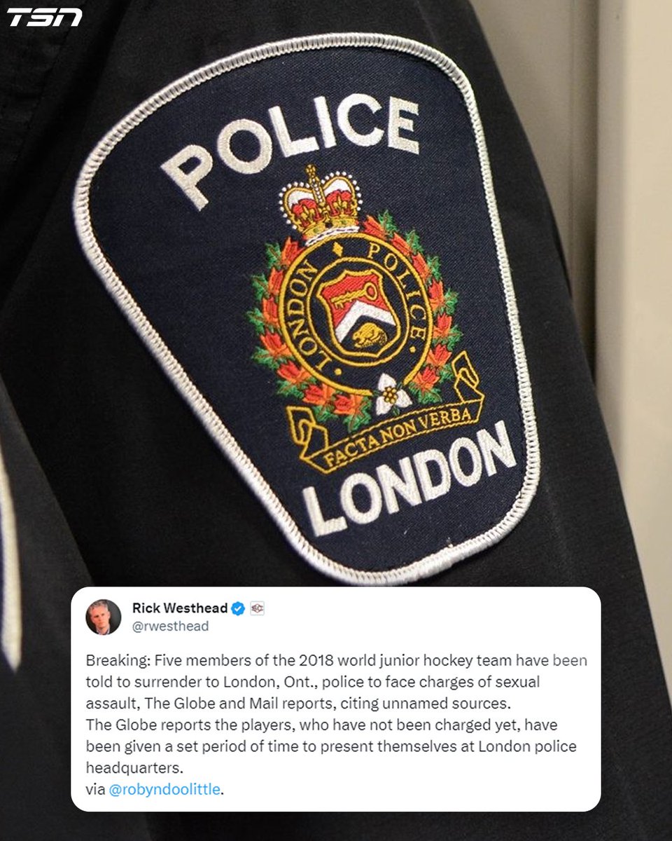 TSN_Sports's tweet photo. According to report, five members of the 2018 World Juniors hockey team have been told to surrender to London Police. https://t.co/RRHi4u7emc