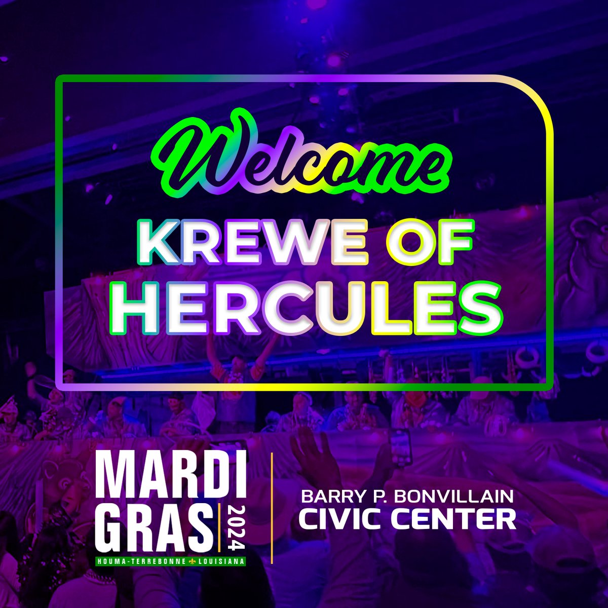HoumaEvents's tweet photo. Welcome members and guests attending the Krewe of Hercules Tableau and Ball. #mardigras #terrebonneparish 🟣🟢🟡 https://t.co/7uoWU1GA1z