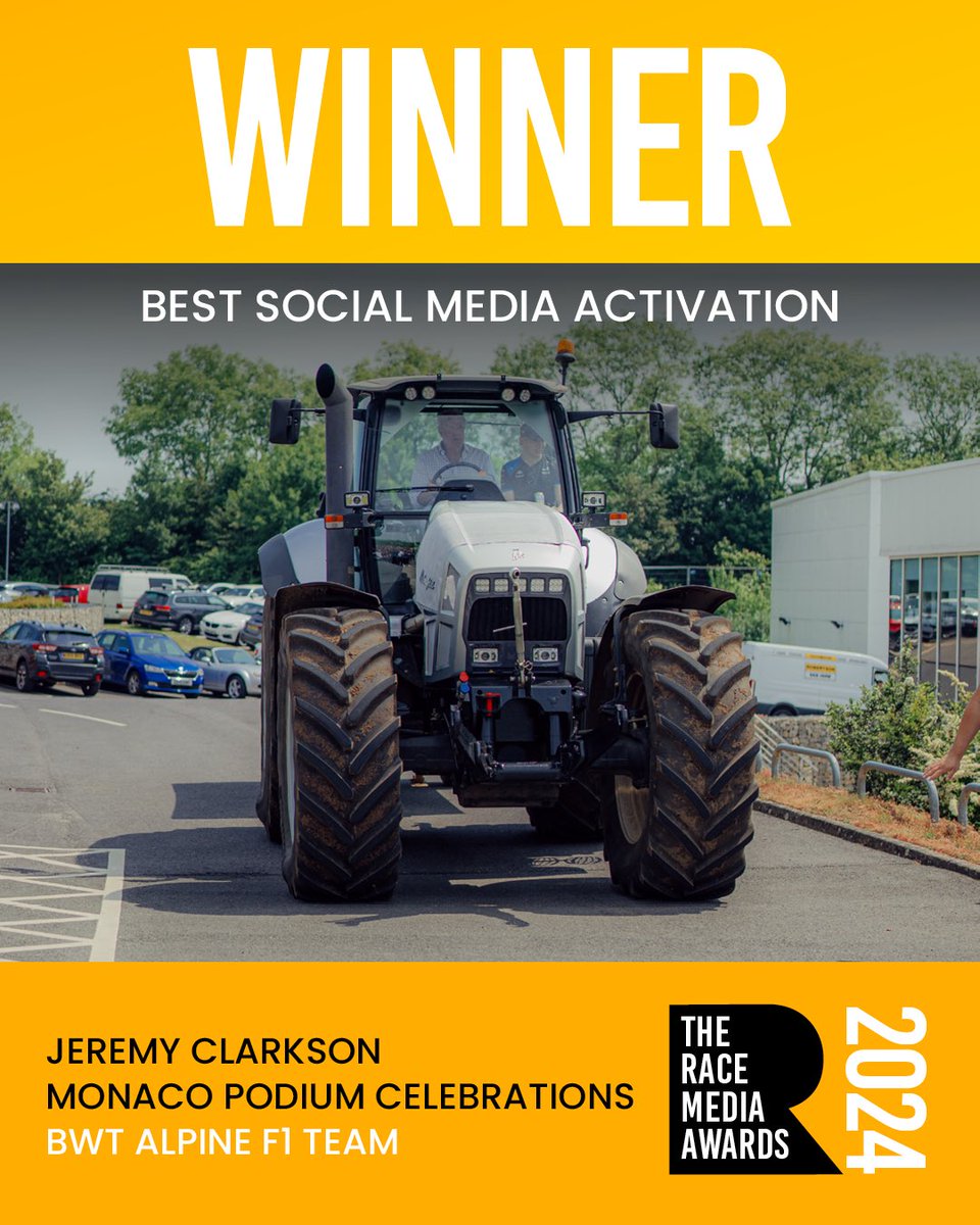 Our second award category of the afternoon is Best Social Media Activation 🏆 🚜 Tractors (and beers) at the ready - @AlpineF1Team’s Monaco GP celebration with @JeremyClarkson is this year’s winner! #TRMA24