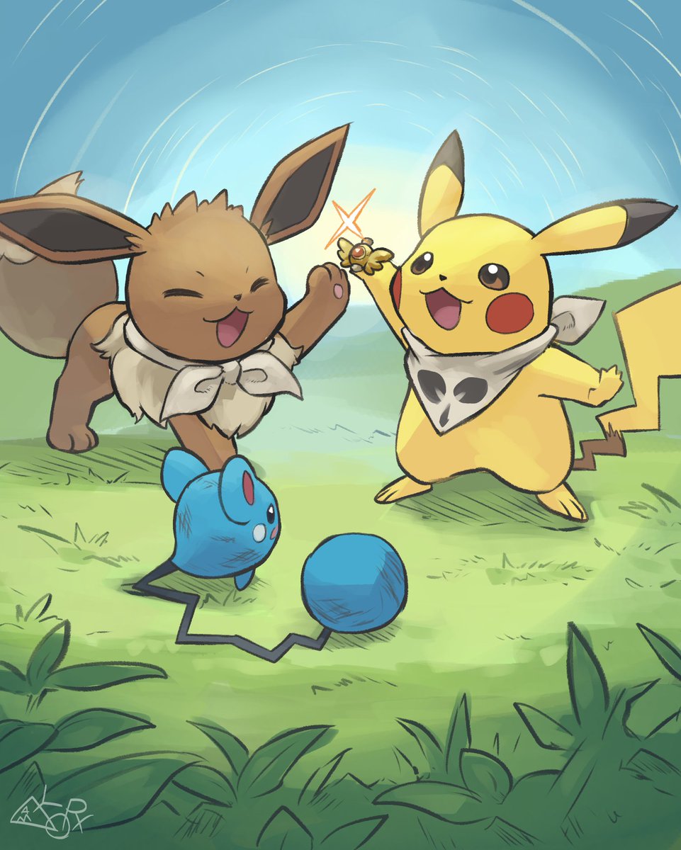 eevee ,pikachu pokemon (creature) no humans open mouth smile grass outdoors standing  illustration images