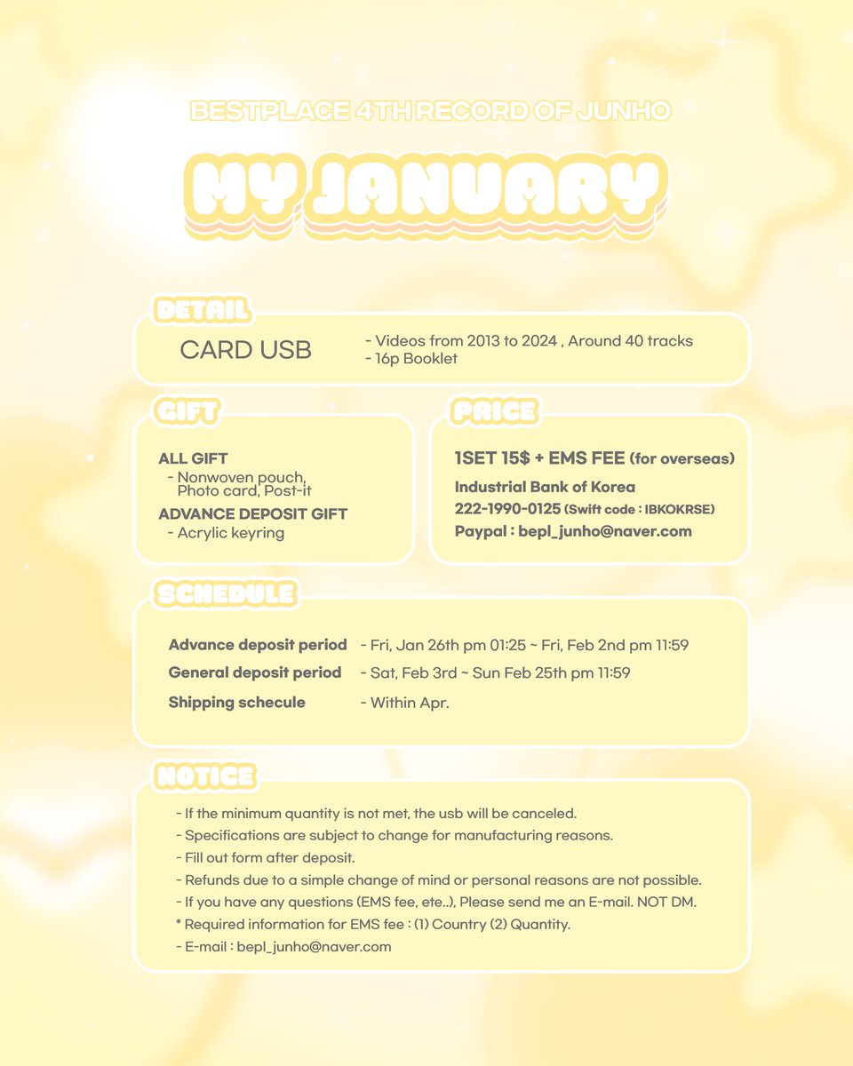 ｡･ﾟﾟ･ Ｍｙ Ｊａｎｕａｒｙ･ﾟﾟ･｡

BESTPLACE에서 4번째 USB를 제작합니다.

해당 트윗을 RT해주신 분들 중 추첨을 통해 2분께 USB 1SET를 보내드립니다.
(2월 3일 당첨자 발표, 국내 주소지 한정)

국내 witchform.com/deposit_form.p…
OVERSEAS forms.gle/jdxkoP179wopUe…