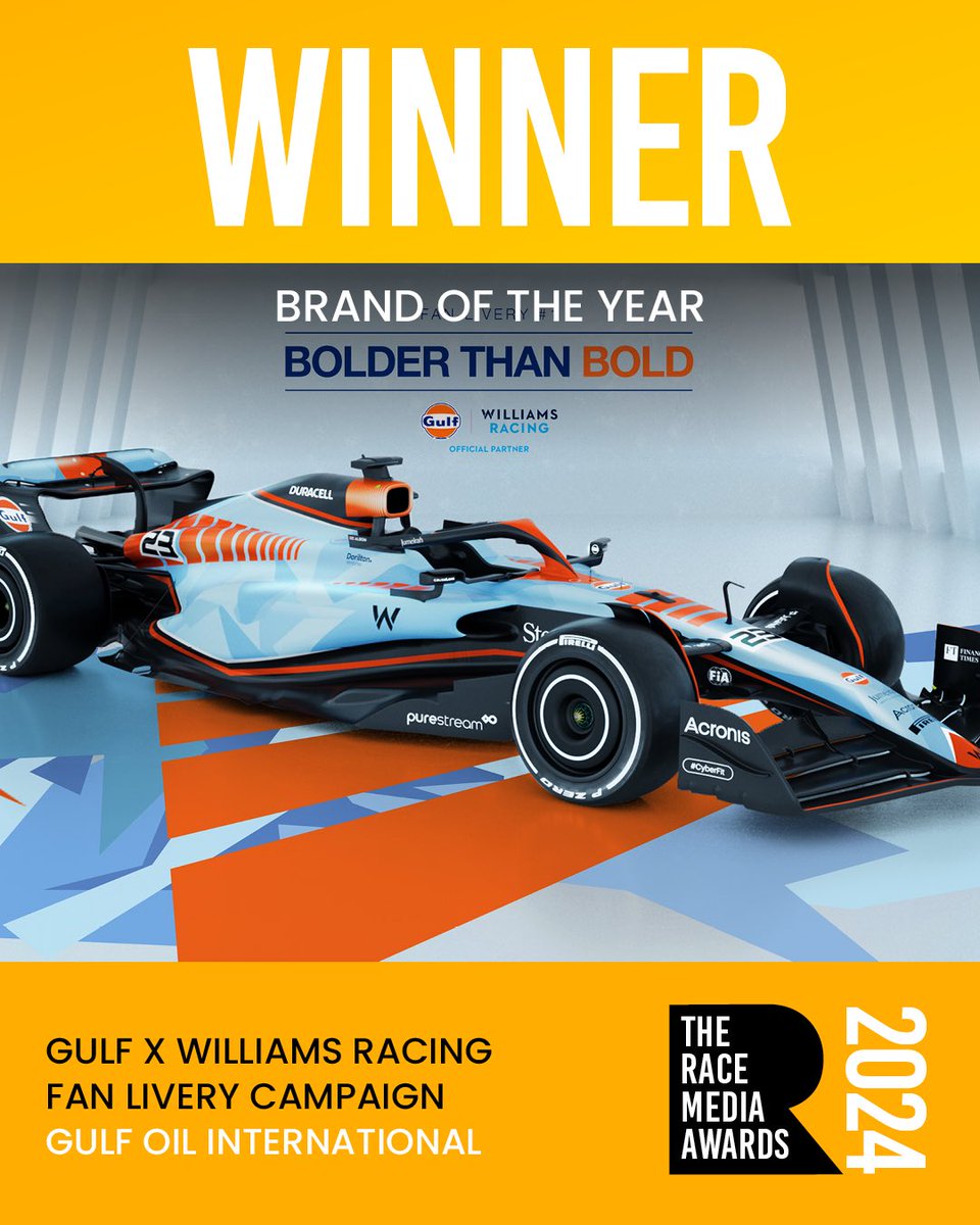 🔵🟠 Iconic colours, designed by fans: @GulfOilIntl’s Bolder than Bold Gulf x Williams Racing Fan Livery Campaign takes home the Brand of the Year Award 🏆 #TRMA24