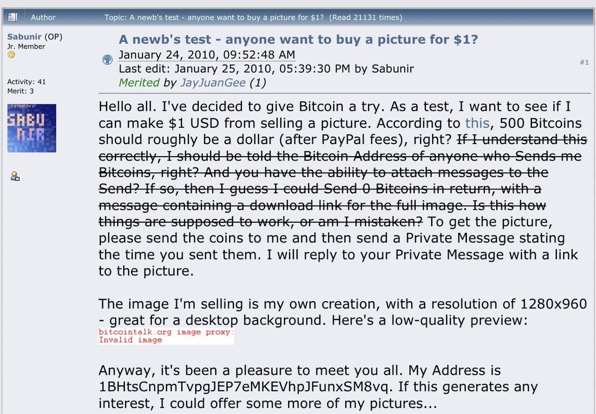 14 years ago today, an artist was aided by Satoshi Nakamoto in an effort to  sell a JPEG for 500 BTC ($1 at the time) Happy Bitcoin JPEG Day