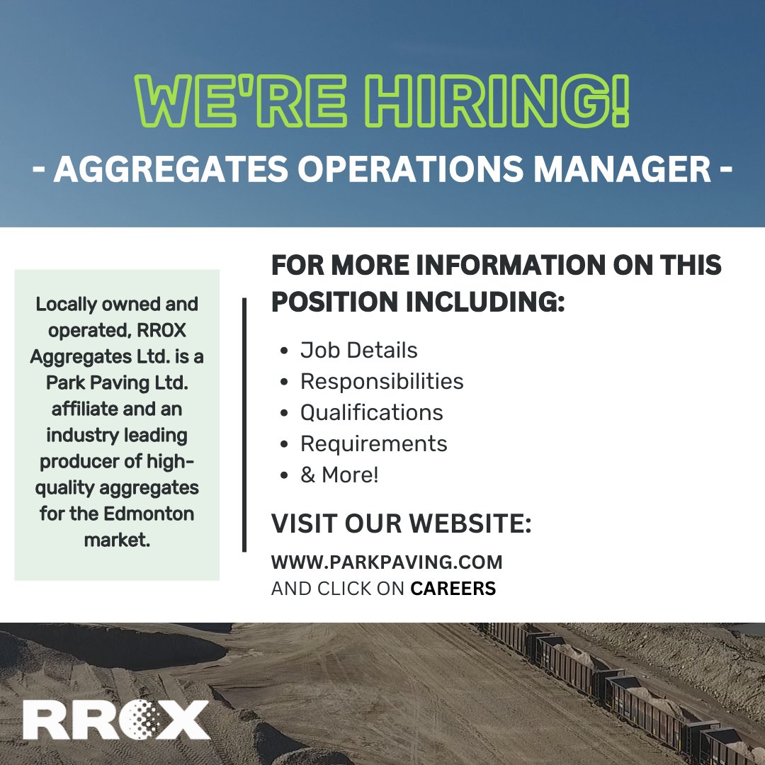 Park Paving is looking for an Aggregates Operations Manager! For more information on this position and to apply, visit: apply.workable.com/park-paving-lt… #yeg #yegbusiness #yegconstruction #yeglocal #yegcommunity #edmonton #yegbuilders #construction #yegjobs #yeghiring #edmontonjobs