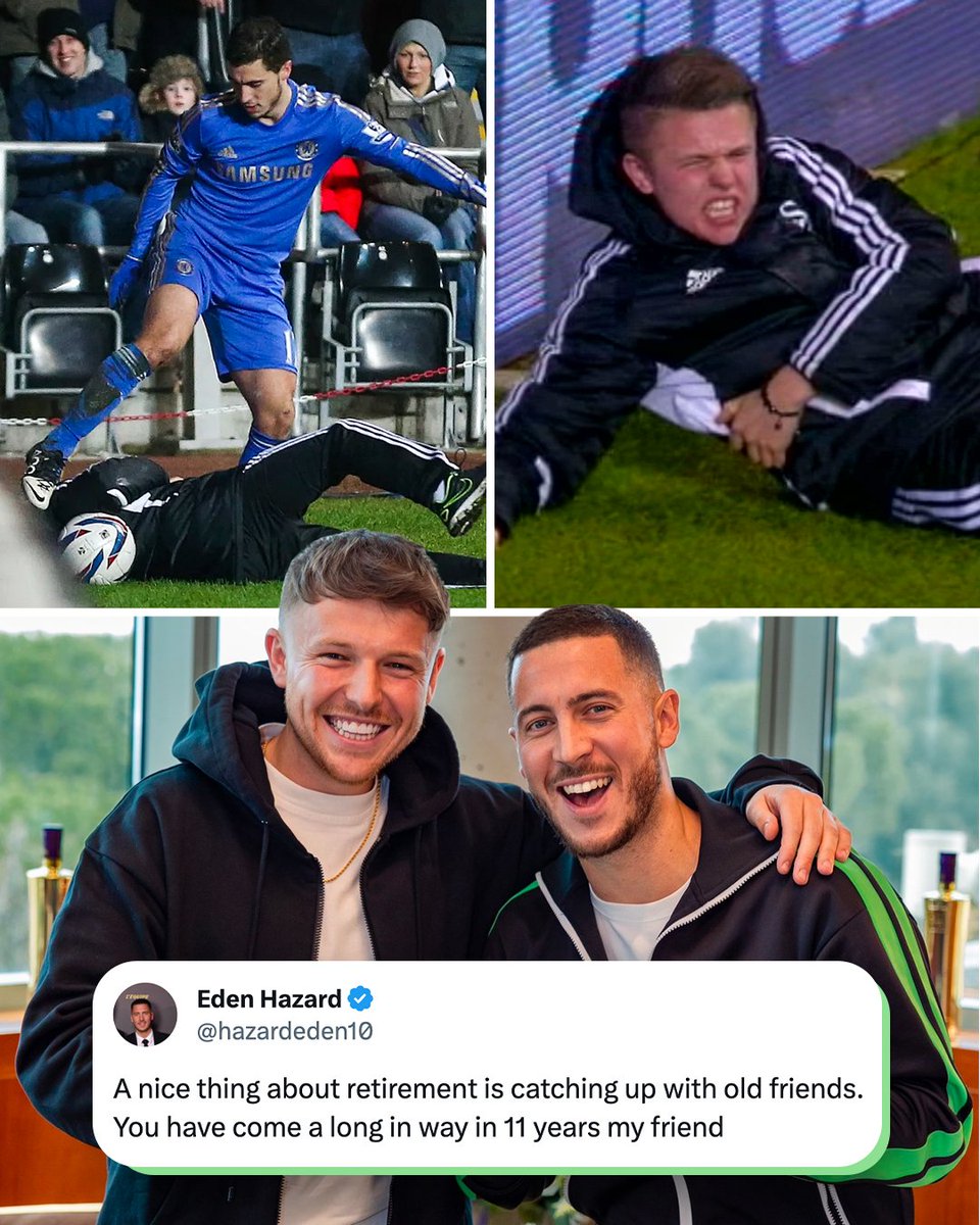 sportbible's tweet photo. Eden Hazard has met up with the Swansea ball boy who he famously kicked back in 2013 😅

Good to see there's no bad blood between them 11 years on 😂🤝 https://t.co/T8TAAIsdGO