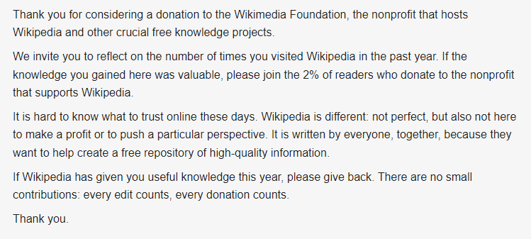 thecausematch's tweet photo. Sometimes learning comes easier when you see what NOT to do.
 
That's why we're hosting a webinar on Jan 31 at 12:30pm ET
to walk through the mistakes the folks at Wikipedia are making and to make sure you're not making them your fundraising message.
 
https://t.co/kfgn3h97xu. https://t.co/Zk7On7mkKK
