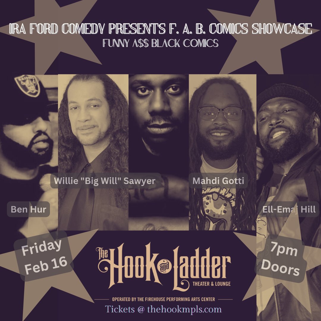Just announced!
Ira Ford Comedy Presents: F.A.B. Comics Showcase on Fri, Feb 16
--
Comedian Ira Ford hosts 4 comics for one funny a$$ night in #themissionroom. Grab your tickets before they sell out! 
--
#thehookpls #mncomedy #comedy #standupcomedy #livecomedy #irafordpresents