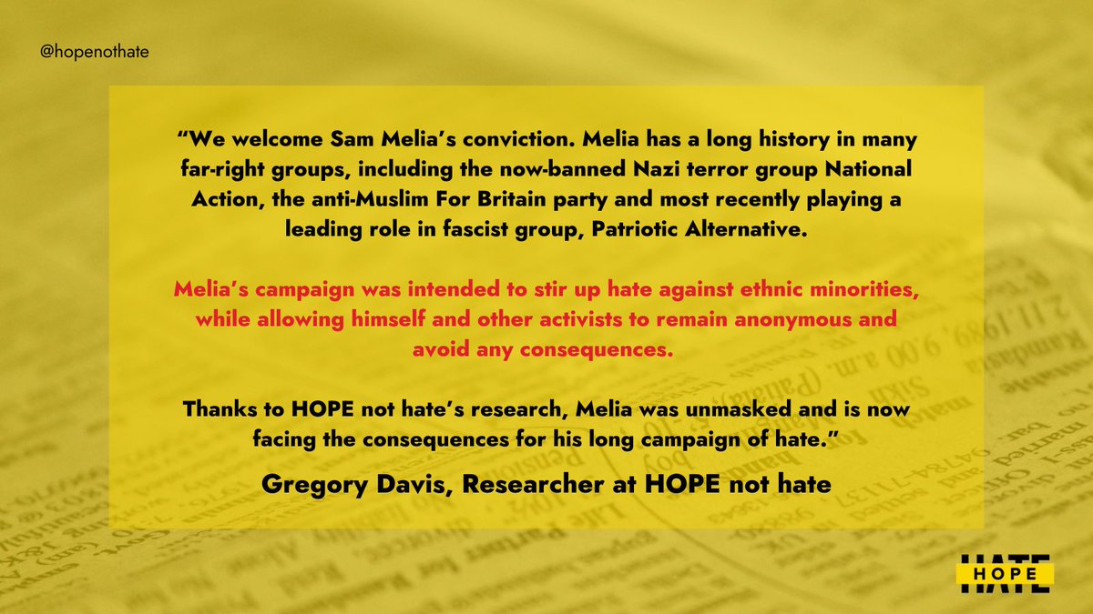 hopenothate's tweet photo. 🚨 BREAKING: Sam Melia, key member of the fascist group Patriotic Alternative, has been found guilty of stirring up racial hatred and racially-aggravated criminal damage via Hundred Handers.

HOPE not hate exposed Melia in 2020 for running the anonymous fascist sticker campaign. https://t.co/yiS0dxyLEk