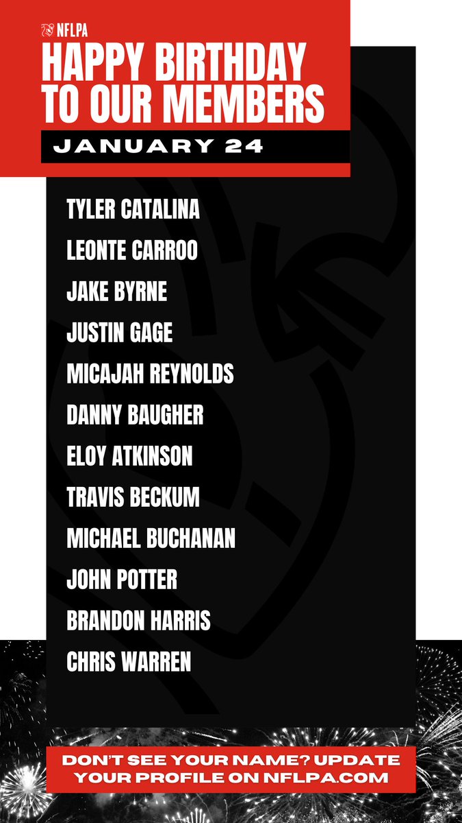 NFLPA Former Players (@nflpafmrplayers) on Twitter photo Happy birthday to our members @TyCat72 @leontecarroo1 <a href="/gage_twelve/">Justin Gage</a> @callmecaj60 @bawgrr <a href="/atkinson63/">Eloy Atkinson</a> <a href="/TravisBeckum47/">Travis Beckum</a> <a href="/MikeBuke99/">Michael Buchanan</a> <a href="/johnmpotter/">John Potter</a> <a href="/HarrisNOFLYZONE/">Brandon Harris Sr.</a> - Wishing you the happiest of birthdays! Happy birthday to our members @TyCat72 @leontecarroo1 <a href="/gage_twelve/">Justin Gage</a> @callmecaj60 @bawgrr <a href="/atkinson63/">Eloy Atkinson</a> <a href="/TravisBeckum47/">Travis Beckum</a> <a href="/MikeBuke99/">Michael Buchanan</a> <a href="/johnmpotter/">John Potter</a> <a href="/HarrisNOFLYZONE/">Brandon Harris Sr.</a> - Wishing you the happiest of birthdays!