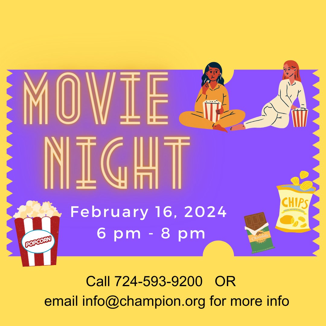 ICVCFCC's tweet photo. Join us Friday, Feb 16th, at 6 pm to watch a movie, rated PG 
Bring blankets, we will have drinks and snacks.

Call 724-593-9200 or email info@champion.org for more info https://t.co/rUHDKJrWbA