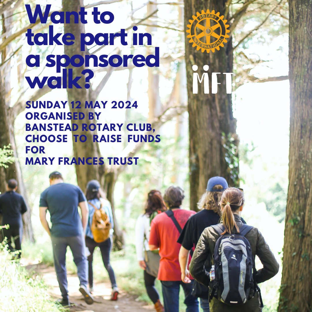 Join our annual sponsored walk of 8.5 miles on Sunday 12 May 2024 and help raise funds for MFT 🍃

Starts 8:30-10am. Average walk time 4 hours. Contact our fundraising officer for more info: biba@maryfrancestrust.org.uk

#RotaryClubInternational #SurreyCharity #RamblersInSurrey
