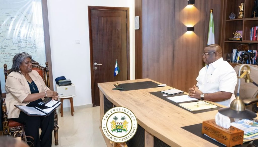 julius_maadabio's tweet image. This morning, I received the United States Ambassador to the United Nations, Linda Thomas-Greenfield (@USAmbUN) at the State Lodge in #Freetown. 

We held useful discussions on strategies for enhancing the longstanding bilateral and diplomatic relations that exist between the