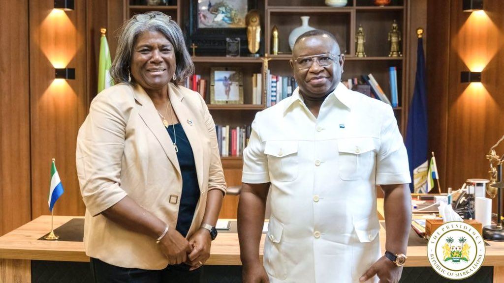 julius_maadabio's tweet image. This morning, I received the United States Ambassador to the United Nations, Linda Thomas-Greenfield (@USAmbUN) at the State Lodge in #Freetown. 

We held useful discussions on strategies for enhancing the longstanding bilateral and diplomatic relations that exist between the