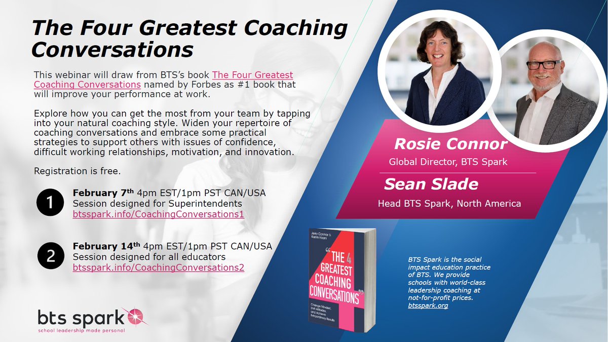 Join us in February for a free webinar on the Four Greatest Coaching Conversations. There will be 2 opportunities to attend this webinar, both at 4pm EST/1pm PST. Register below Feb 7th bts.zoom.us/webinar/regist… Feb 14th bts.zoom.us/webinar/regist… #btsspark #educationalleadership