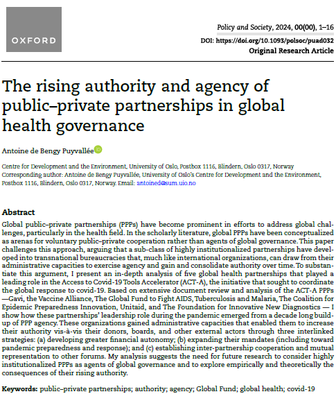📢New publication in @PolicySociety 🔓 I examine how 5⃣ #PPPs involved in the ACT-A #covid19 response have developed since 2010 #COVAX Key argument: PPPs' secretariats increasingly have the capacity to shape policy, using 3 strategies. A🧵 Paper👉 academic.oup.com/policyandsocie…