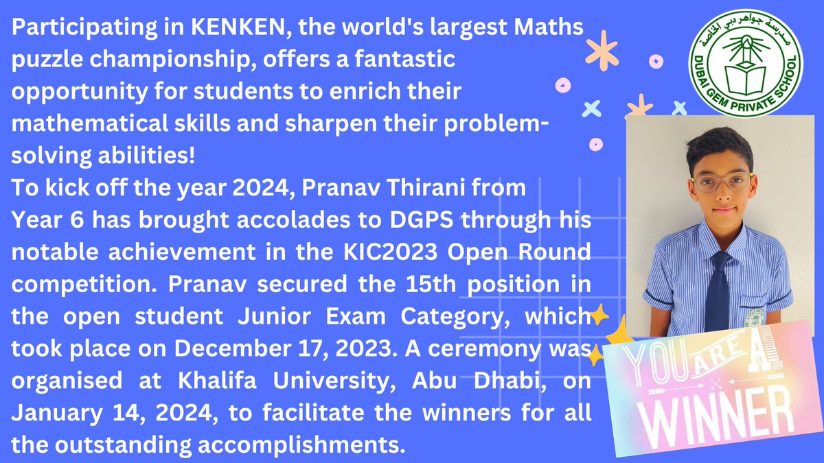 dubai_gem1's tweet photo. Year 6 students excels with a notable achievement in the KenKen International Challenge-KIC2023 Open Round Competition! Congratulations!
@KHDA https://t.co/Pc4ZVOgqLU
