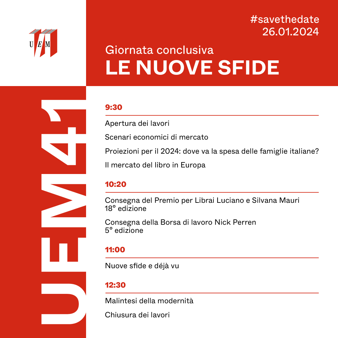 #ScuolaLibraiUEM
#Savethekdate
#UEM41
Venerdì 26 gennaio la Giornata conclusiva "Le nuove sfide"
Per seguire il convegno online occorre registrarsi al link  qrco.de/uem41
#librai #librerie #webinar #venezia #fondazionecini