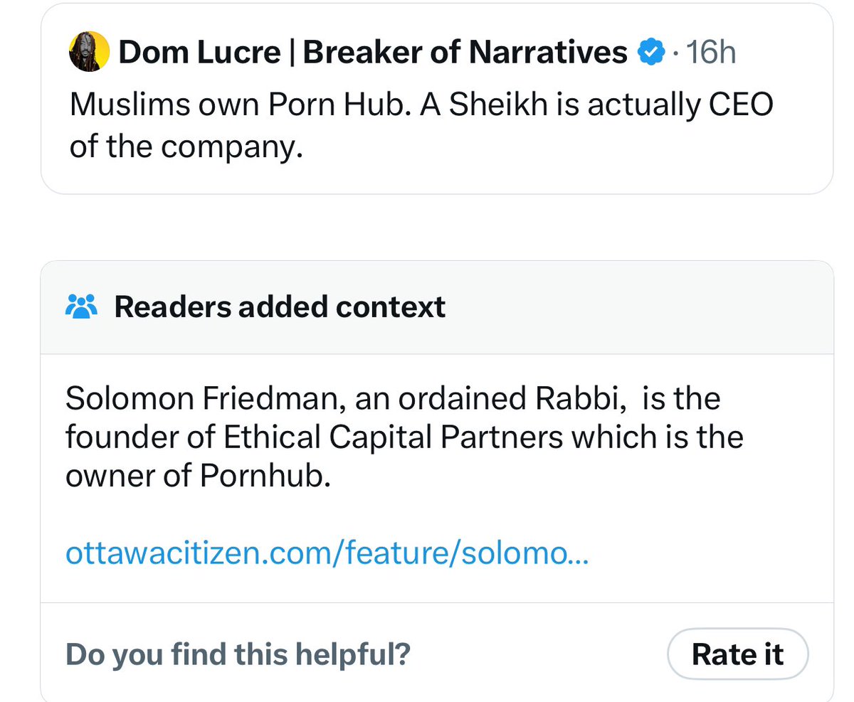 dom_lucre's tweet photo. 🔥🚨DEVELOPING: A new antisemitic community note has appeared on my profile. Now X is claiming that Porn Hub is owned by a Jewish Rabbi. The antisemitism on X really needs to be handled. https://t.co/VKMQVbIYrR