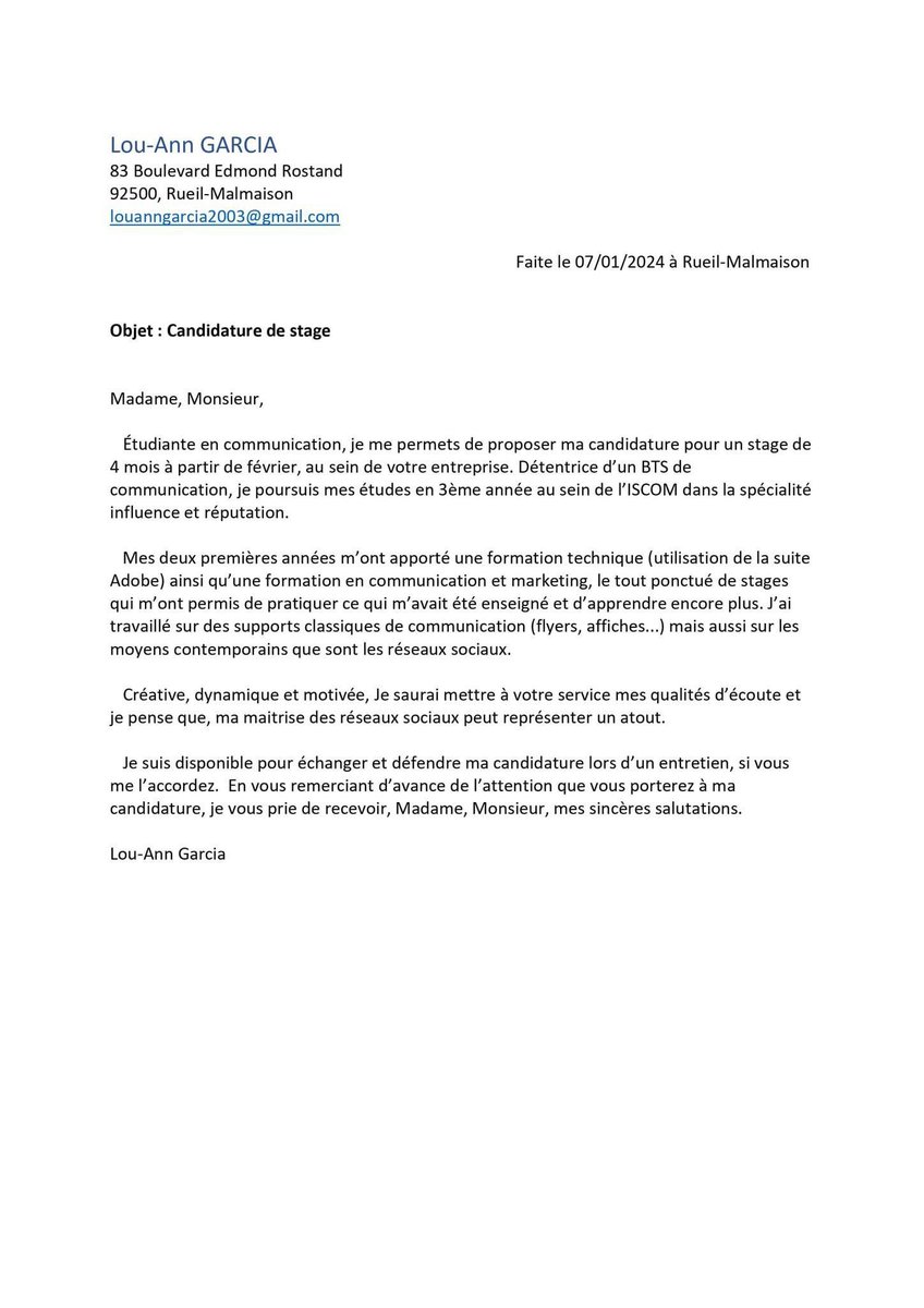 Lou-Ann avait son stage de L2 en communication avant que l'entreprise ne se rétracte en dernière minute.
Alors si vous cherchez encore une très belle compétence pour un stage de 4 mois à compter de mi-février c'est le moment de lui envoyer un petit mail !
Merci pour elle !