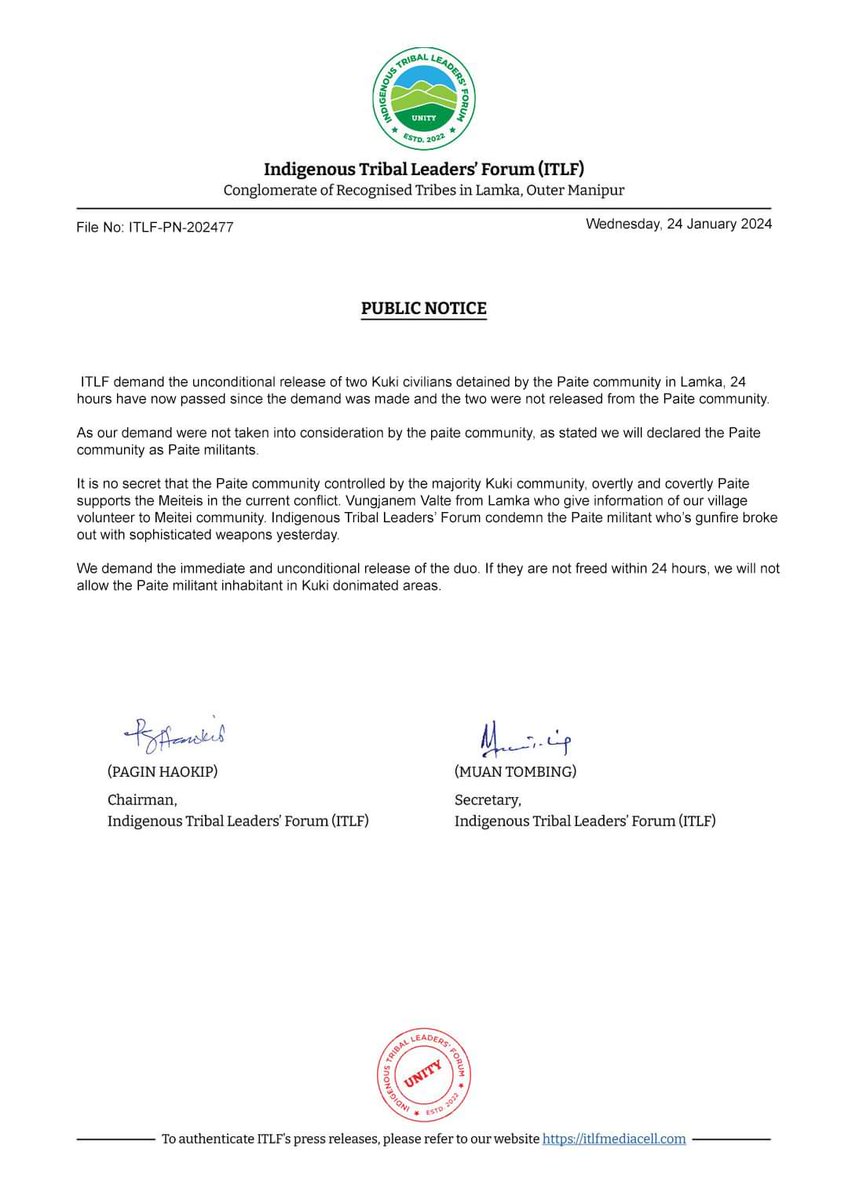 <a href="/ITLFMediaCell/">ITLF Media Cell</a>  Why did you started a conflict with the Paites?? We're already in a crucial stage and all you did was bringing unnecessary problems to our #Kuki_Zo community. We started this war to the meiteis and we don't need to bring another community in it. 
#KukiLiesXposed