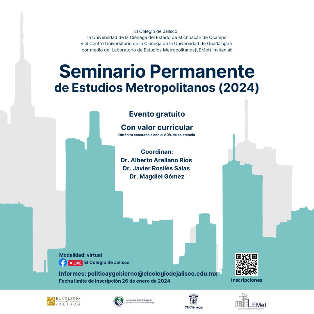 Coljalisco's tweet photo. ¿Ya te inscribiste? 🤨
Últimos días para ser parte del Seminario Multidisciplinario de Estudios Políticos y del Seminario Permanente de Estudios Metropolitanos.
Inscripciones
👉 https://t.co/hkYmv2i8gx
👉 https://t.co/m6nrVE4Kzu
#seminarios #coljal #modalidadvirtual https://t.co/yLKcDxtsAS