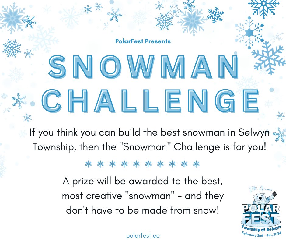 SelwynTownship's tweet image. Build a snow creation and enter the Snowman Challenge!

Make sure your "snowman" is ready for PolarFest weekend &amp;amp; take a picture  and upload to Facebook. Add #snowmanchallenge and #polarfest  to your post!

Don't have Facebook? Email your picture to recreation@selwyntownship.ca.