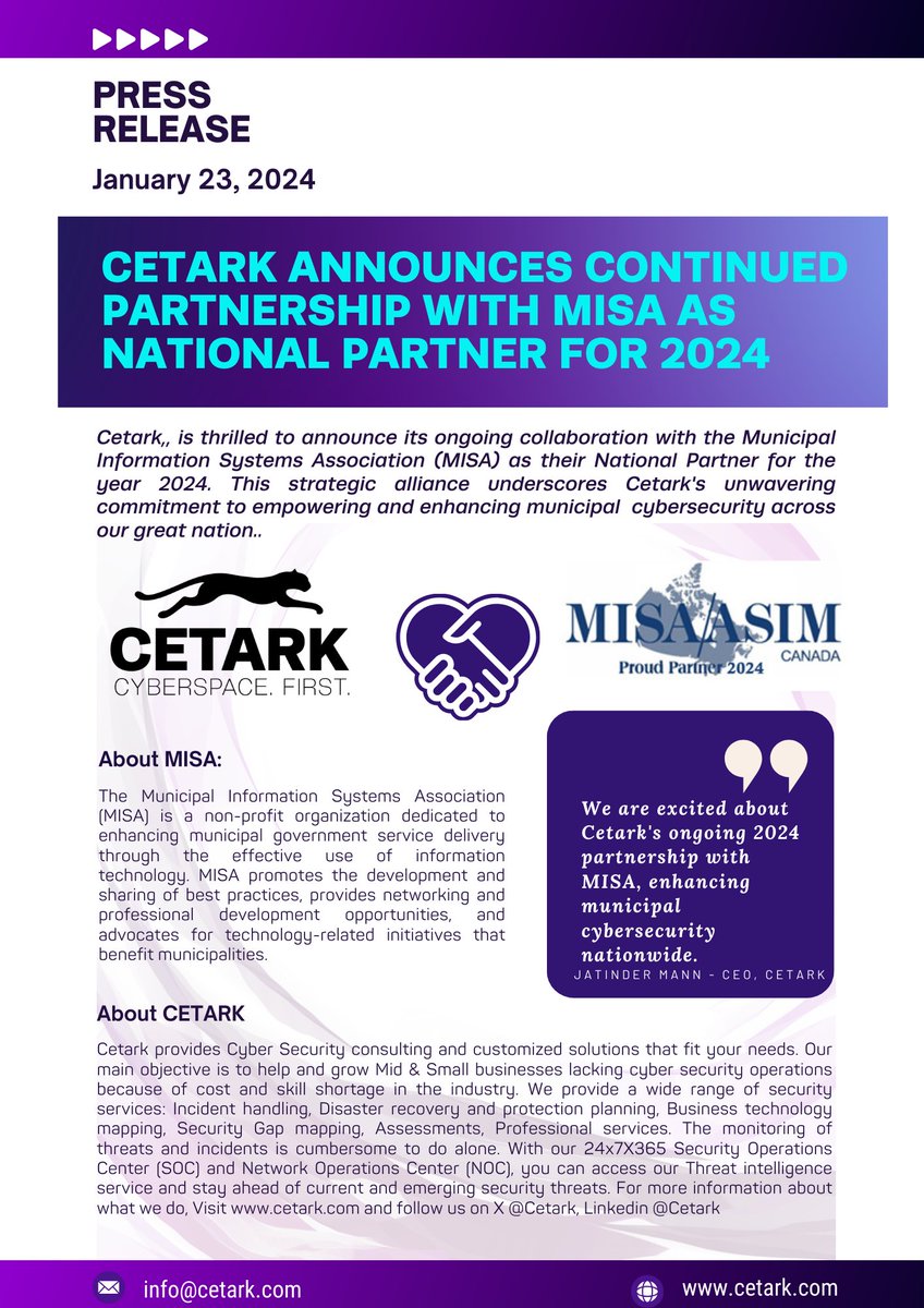 CETARK's tweet photo. Cetark is delighted to announce the extension of our partnership with @MISAOntario 
(Municipal Information Systems Association). 
Check out our press release.

#MISA #Cetark #cybersecurity #ontario #infosec https://t.co/0fER4HF8c4