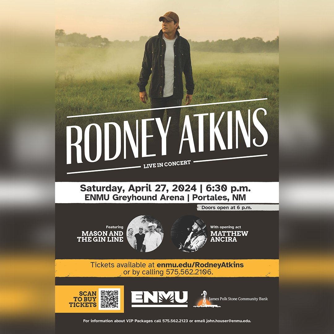 Tickets for the Rodney Atkins concert are now on sale! 💥 Visit enmu.edu/RodneyAtkins to purchase your tickets today! 🎟️ Saturday, April 27, 2024 | 6:30pm | ENMU Greyhound Arena | Portales, NM
