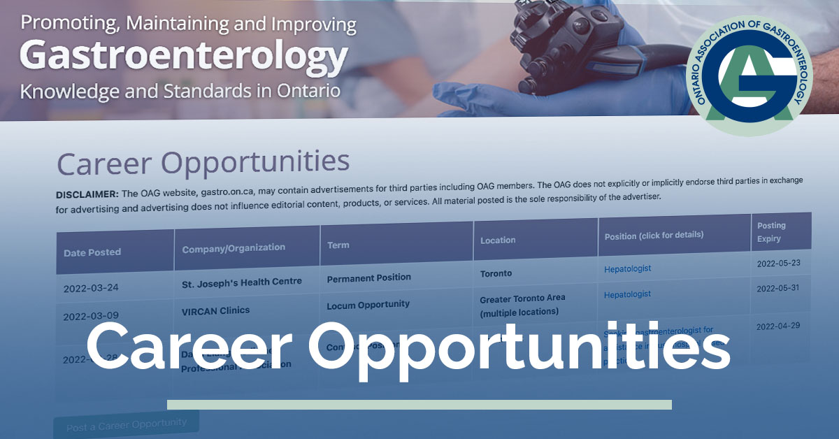 Attention OAG Members:  There are currently 7! positions available in our Career Section. The Career Section is a service on our website for the exclusive use of our members. ow.ly/hIv950Qu0RY #gastroenterology #endoscopy #gastro