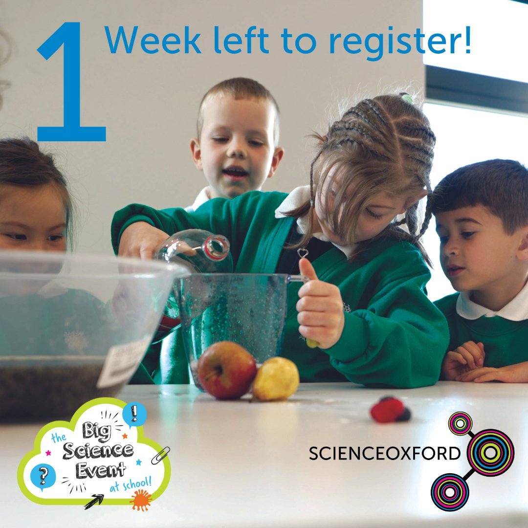 scienceoxford's tweet photo. Just one week to go before registration closes for the #BigScienceEvent 2024! Nurture #curiosity as your pupils lead their own scientific investigations, from Early Years to Year 6.
https://t.co/bVt3ytayTA #STEMlearning https://t.co/P5zVA0WZtd