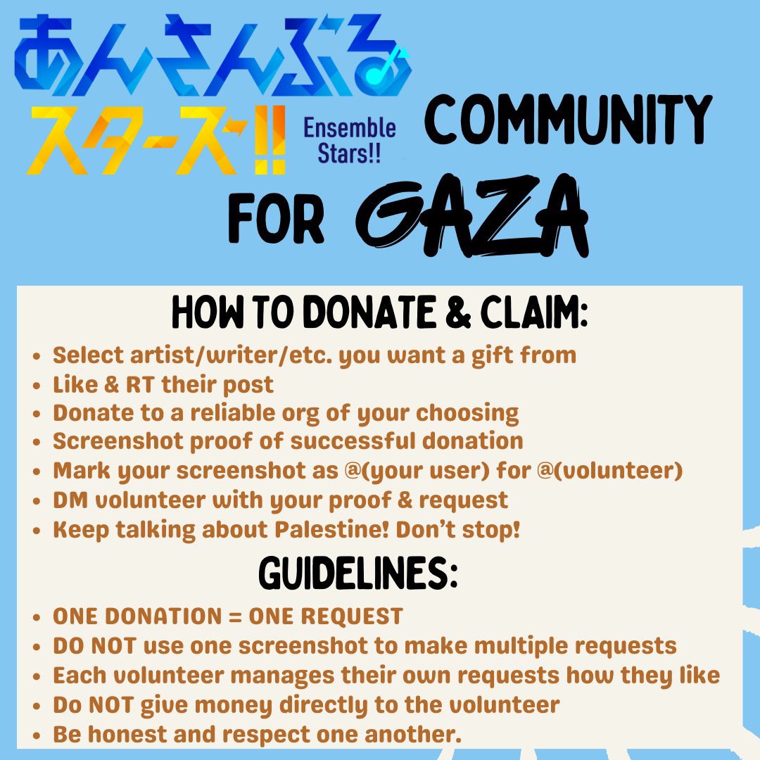 hiyorisluv's tweet photo. TEMPLATE POST FOR #enstarstwt4Gaza
Donation orgs + how-to below ⤵️

The project is open to everyone— artists, writers, etc. If you have something to offer in exchange for donations, make a post and join us! https://t.co/6UnlbRjQim