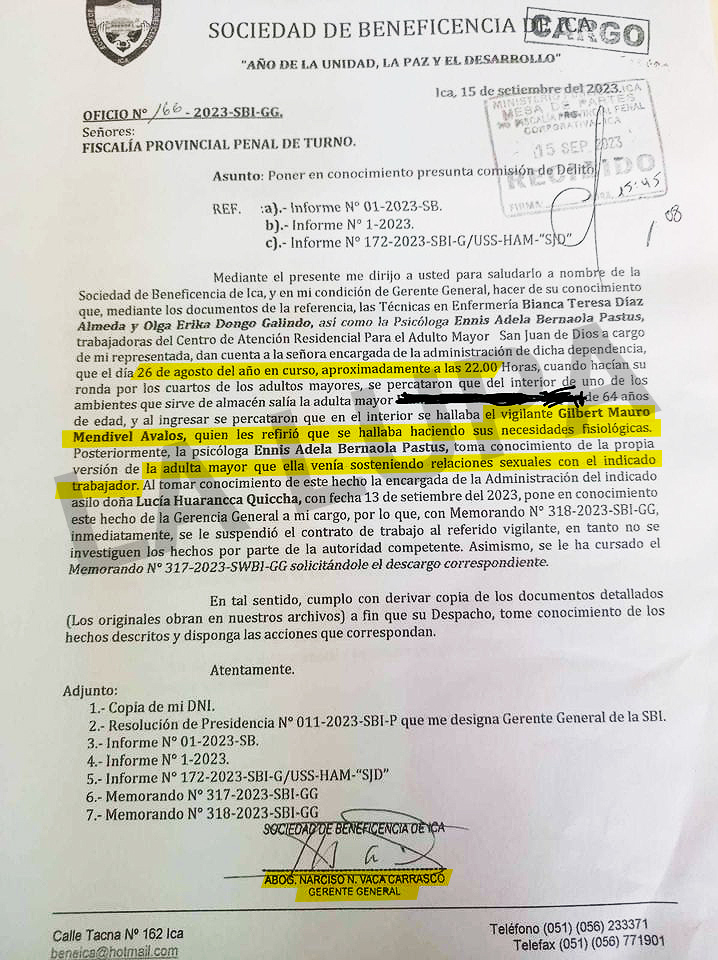 Documento sobre presunto abuso sexual de parte de un vigilante del asilo San Juan de Dios de Ica, hacia una anciana asilada de 64 años. Imagen: LA LUPA.