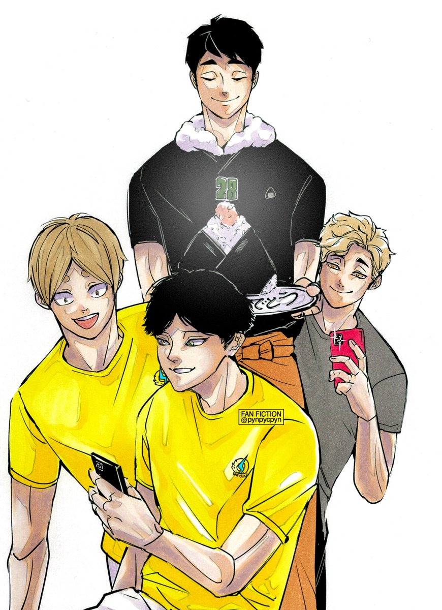 multiple boys male focus blonde hair black hair shirt phone smile  illustration images