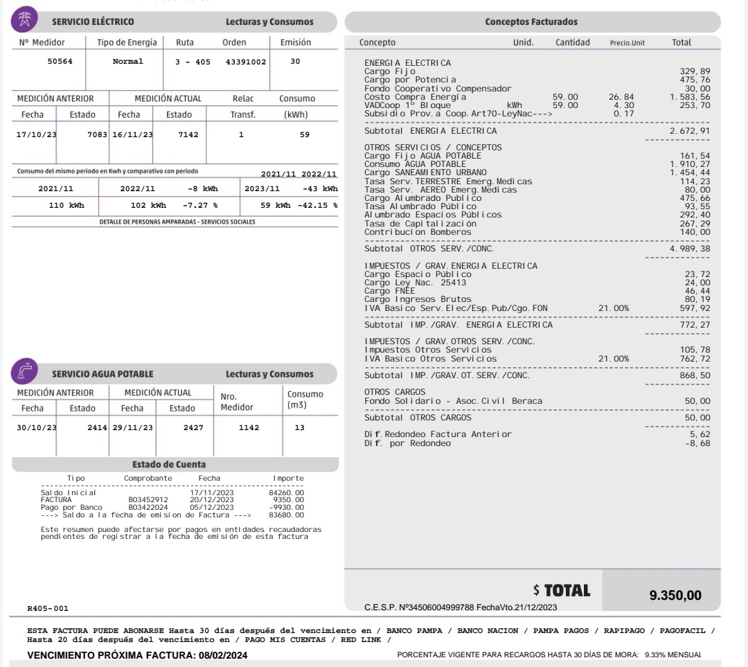 Servicio eléctrico!!
Enero $9.350,00
Febrero $18.970,00
Pequeña diferencia!!
