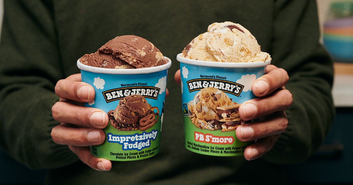 2️⃣ NEW flavors just dropped! Look for Impretzively Fudged and PB S'more in freezers and Scoop Shops near you. Learn more: benjerrys.co/4bbeHZO
