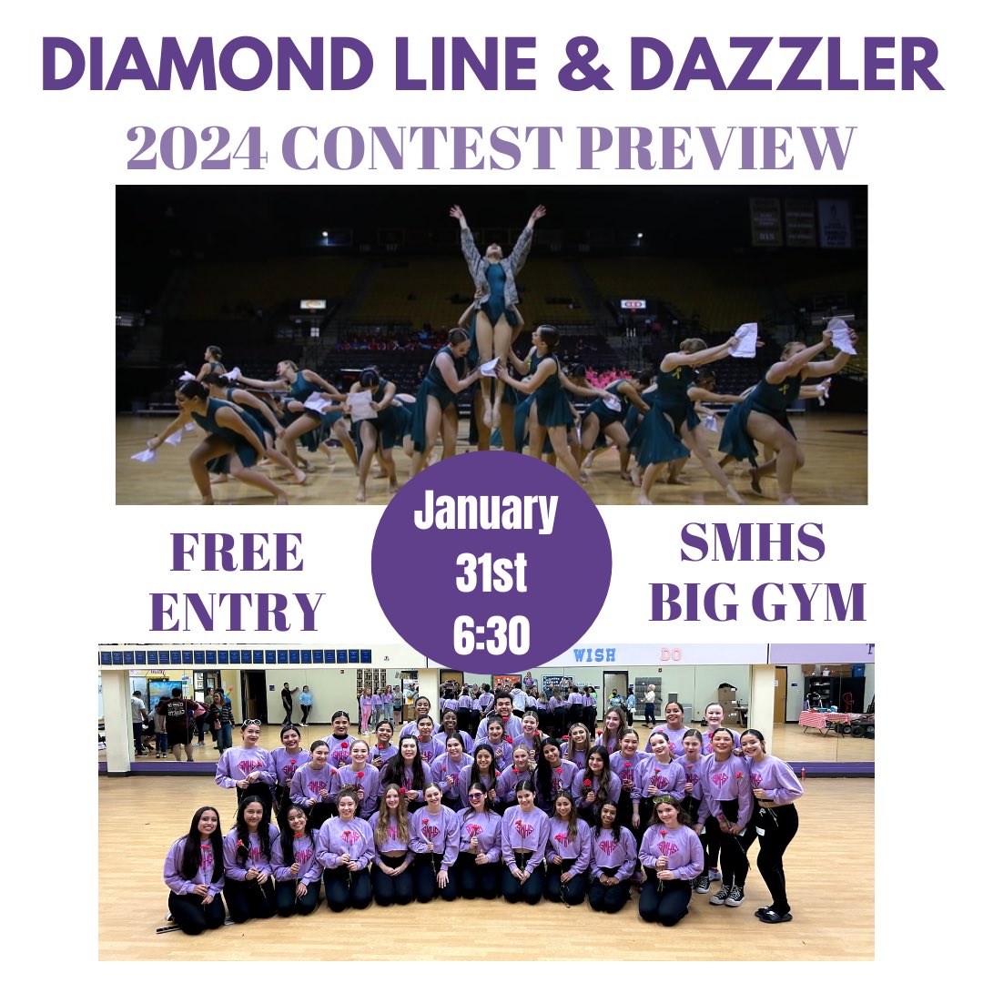 We are now a week away from our Diamond Line &amp; Dazzler Contest Preview! Come out and support our wonderful award winning dances teams! #nopressurenodiamonds #crownsup 💜🤍<a href="/SMCISDFineArts/">SMCISD Fine Arts</a> <a href="/SMHS_SMCISD/">San Marcos High School</a>